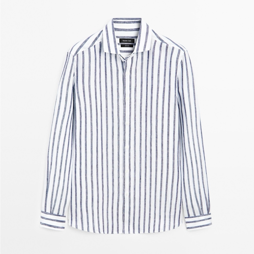 Massimo Dutti White and Navy Striped Linen Button-Down Shirt large